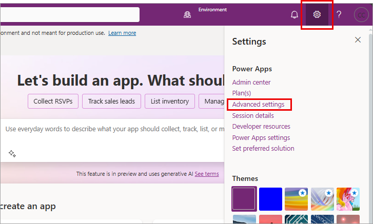 Screenshot du menu Paramètres de Power Apps avec les paramètres avancés mis en surbrillance.