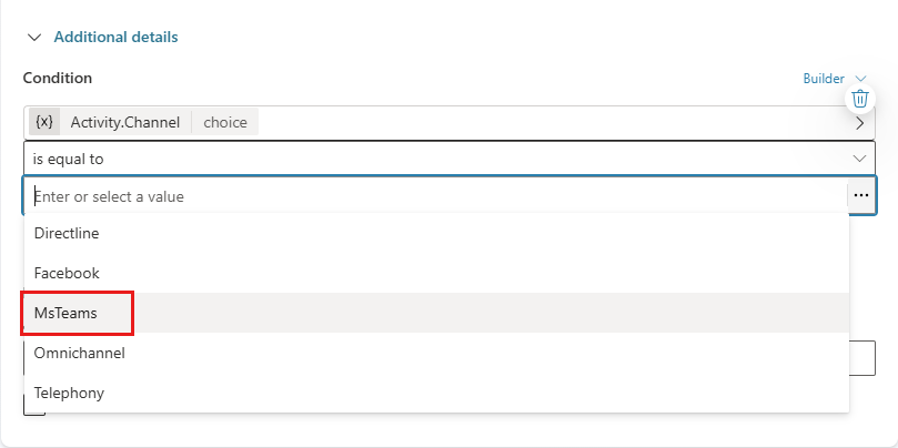 Capture d'écran d’une condition pour limiter l’étendue d’un agent enfant au canal Microsoft Teams.