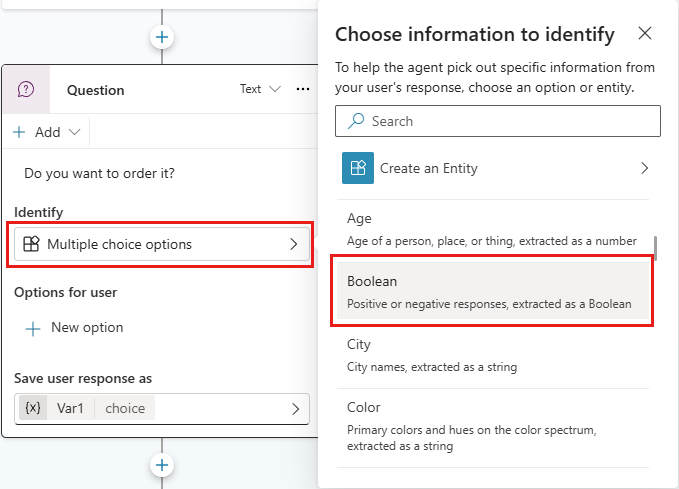 Capture d’écran d’un nœud Question avec le volet «&nbsp;Choisir les informations à identifier&nbsp;» ouvert.