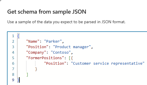 Capture d’écran montrant l’éditeur dans lequel vous entrez des exemples de données JSON.