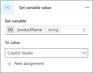 Capture d’écran montrant l’utilisation d’une valeur littérale pour un paramètre d’entrée de variable nommé productName.