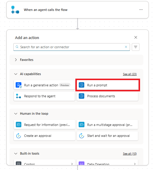 Capture d’écran de l’insertion d’une nouvelle action pour exécuter une invite dans l'interface Agent Flow Designer.