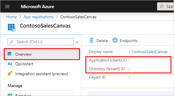 Capture d'écran de la page Vue d'ensemble de l'inscription d'application dans le portail Azure, avec Vue d'ensemble, ID d'application et ID de répertoire mis en surbrillance.
