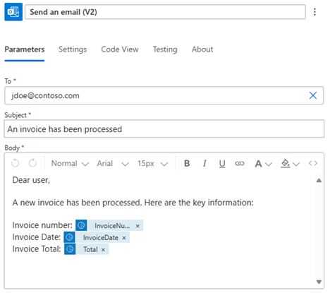 Capture d’écran d’un corps d’e-mail montrant les champs JSON.
