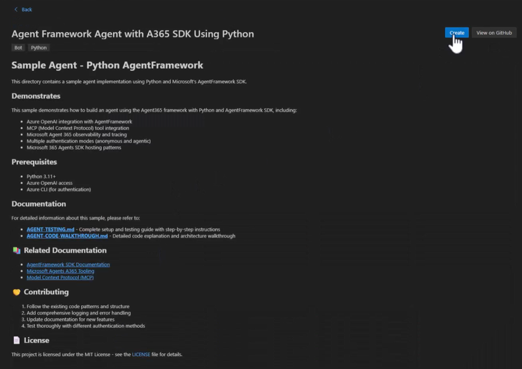 Capture d’écran de l’assistant Agent Framework avec le SDK A365 à l’aide de l’exemple Python.