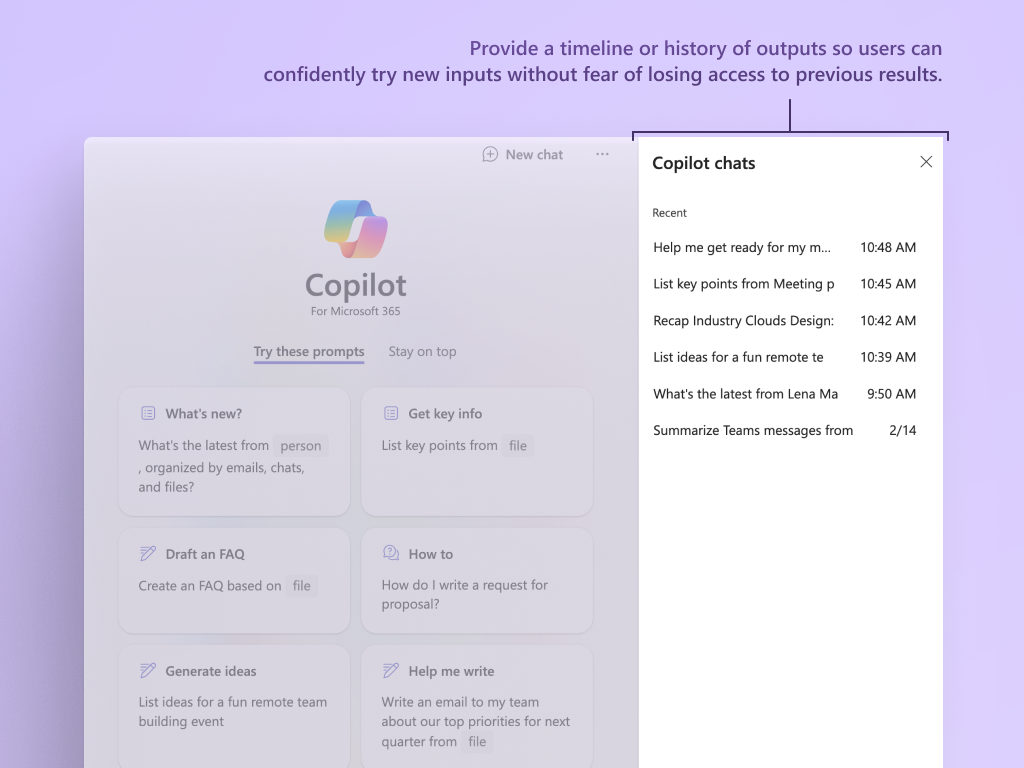 Capture d’écran montrant l’historique récent des conversations copilotes.