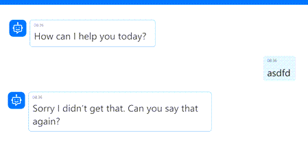 Capture d’écran d’une interface de chat où l’utilisateur envoie un message « asdfd » et l’agent répond : « Désolé, je n’ai pas compris. Tu peux le répéter ? ».
