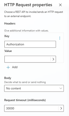 Capture d’écran du nœud de requête HTTP, avec la section En-têtes et corps ouverts pour la configuration.