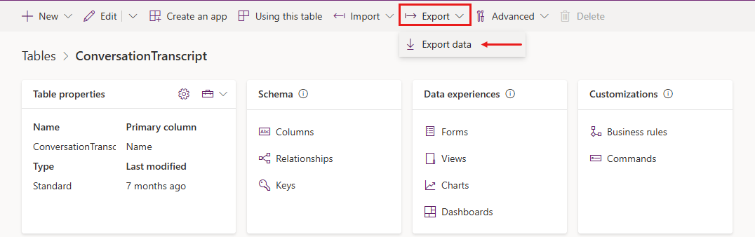 Capture d’écran montrant le menu Exporter avec l’option Exporter les données.