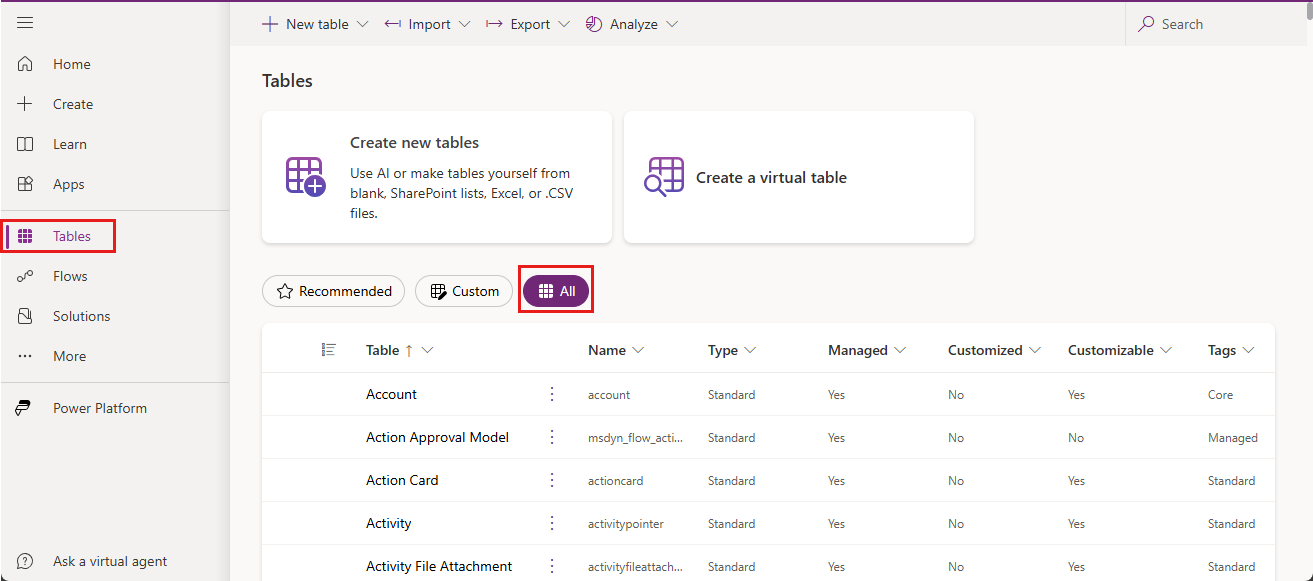 Capture d’écran montrant Tout sélectionné sur le nœud Tables.