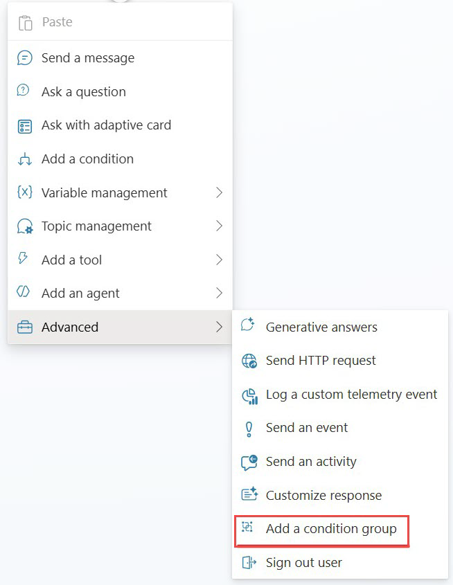 Capture d’écran du menu Avancé avec l’option Ajouter un groupe de conditions mise en surbrillance.