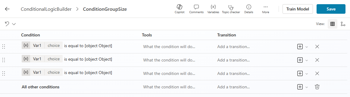 Capture d’écran de l’éditeur ConditionGroupSize montrant le nœud du groupe de conditions dans la vue table avec trois conditions de choix Var1.