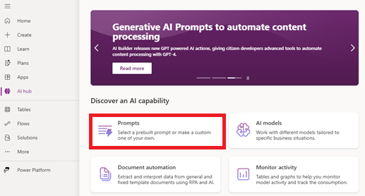 Capture d’écran de la sélection d’invites dans AI Hub.