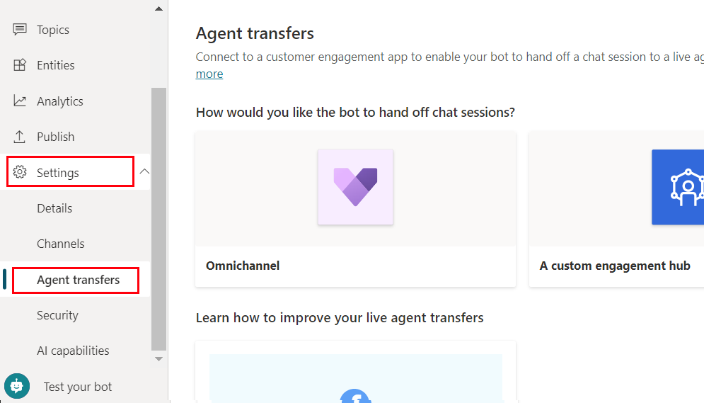 La page Transferts aux agents de gestion du bot.