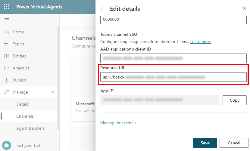 Capture d’écran de l’ID d’application (client) saisi comme ID client de l’application AAD dans Copilot Studio.