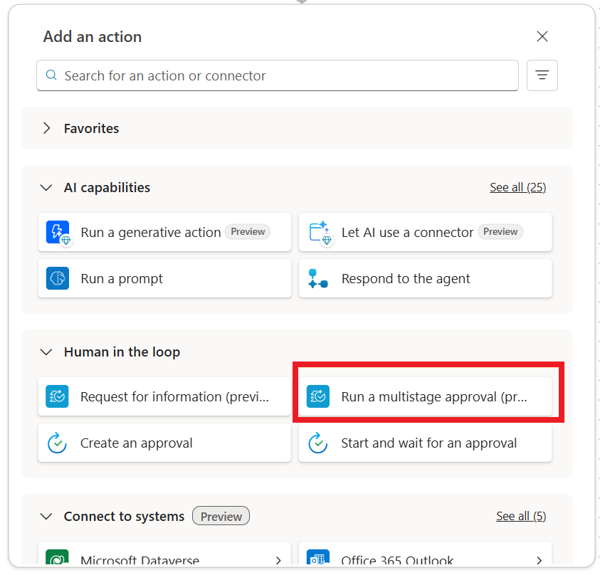 Capture d’écran de l’action Exécuter une action d’approbation à étapes multiples dans la section des fonctionnalités d’IA du concepteur de flux d’agent.