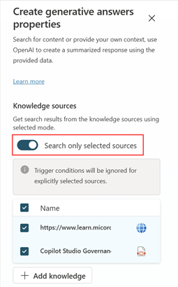 Capture d’écran des propriétés du nœud Generative Answers, avec uniquement les sources sélectionnées activées et les sources spécifiques sélectionnées.