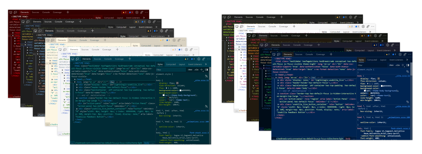 Quatre fenêtres Microsoft Edge, chacune avec DevTools ouverte et chacune avec un thème de couleur DevTools différent
