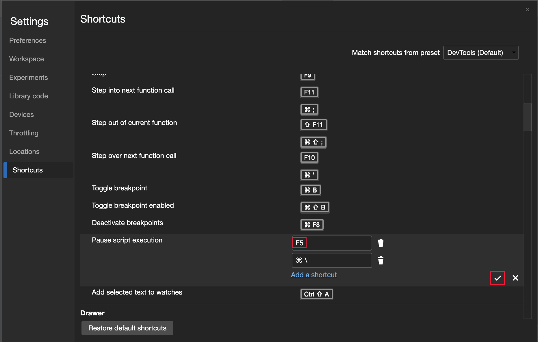Personnaliser les raccourcis clavier dans les paramètres DevTools sur Raccourcis avec un raccourci en mode édition