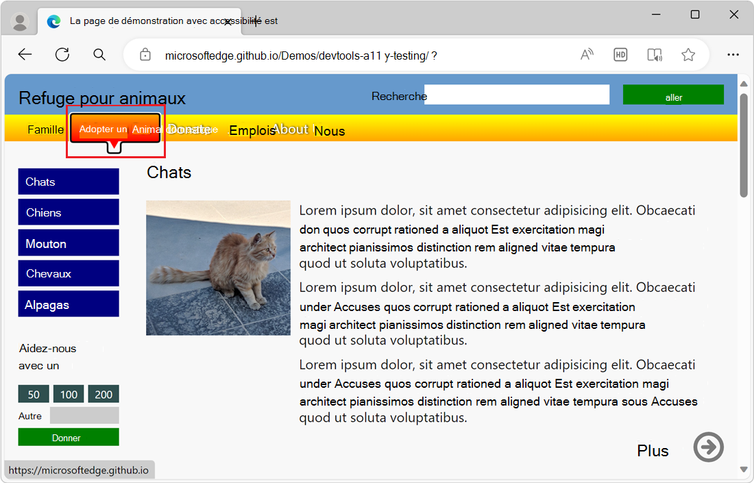 Le menu principal a un surbrillance et un contour de focus, et est donc accessible au clavier