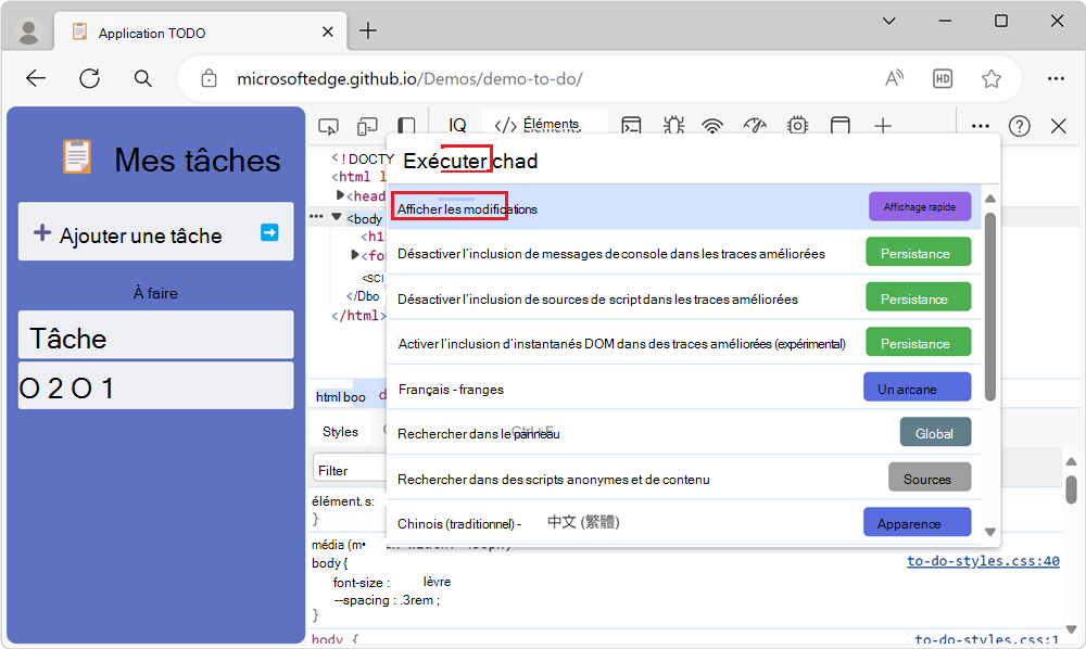 Commande Afficher les modifications dans le menu Commande