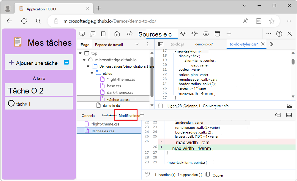 L’outil Modifications affichant deux fichiers qui ont été modifiés et les modifications du fichier sélectionné