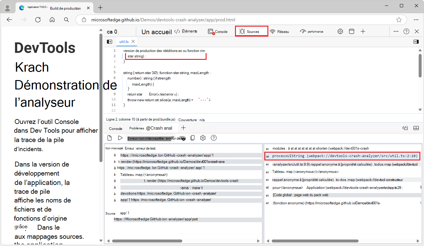 Fichier de code et ligne de code non déminifiés accessibles en cliquant dans le volet droit de l’onglet Analyseur d’incident