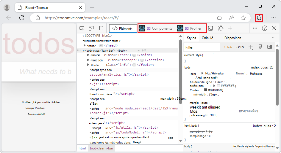 DevTools, montrant les deux nouveaux onglets d’outils d’extension React