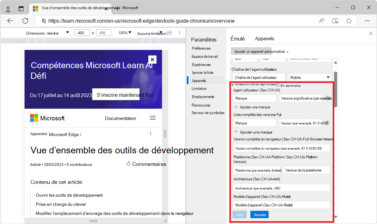 Définition des indicateurs de client de l’agent utilisateur