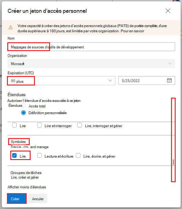 Boîte de dialogue « Créer un jeton d’accès personnel », avec l’étendue « Lecture » pour Symboles sélectionnée