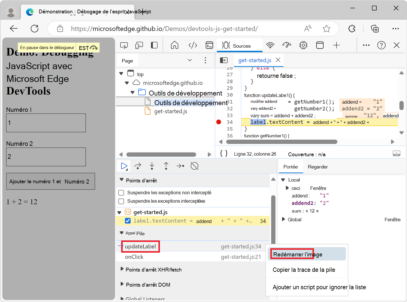 Sélection de Redémarrer le frame