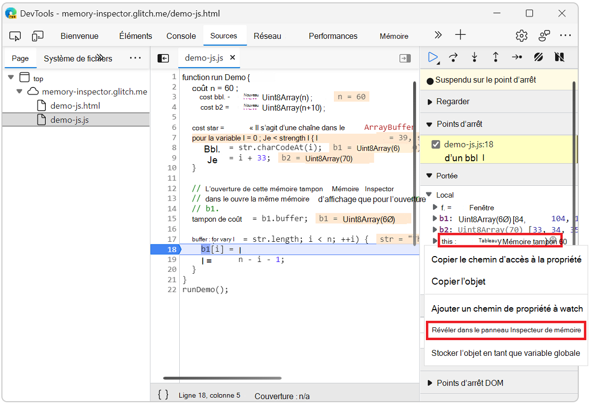 Ouvrir l’inspecteur de mémoire à partir du menu contextuel de la ligne de propriété de la mémoire tampon