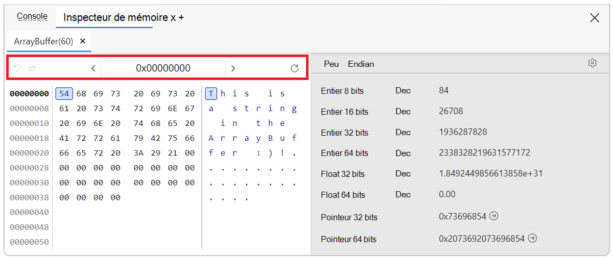 Panneau Inspecteur de mémoire Barre de navigation
