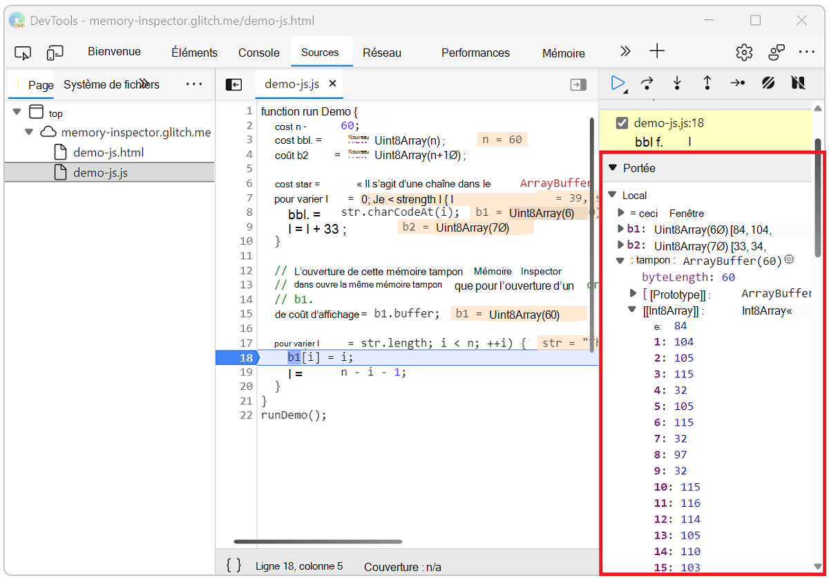 Le panneau d’étendue de l’outil Sources offre une capacité limitée d’inspection de la mémoire