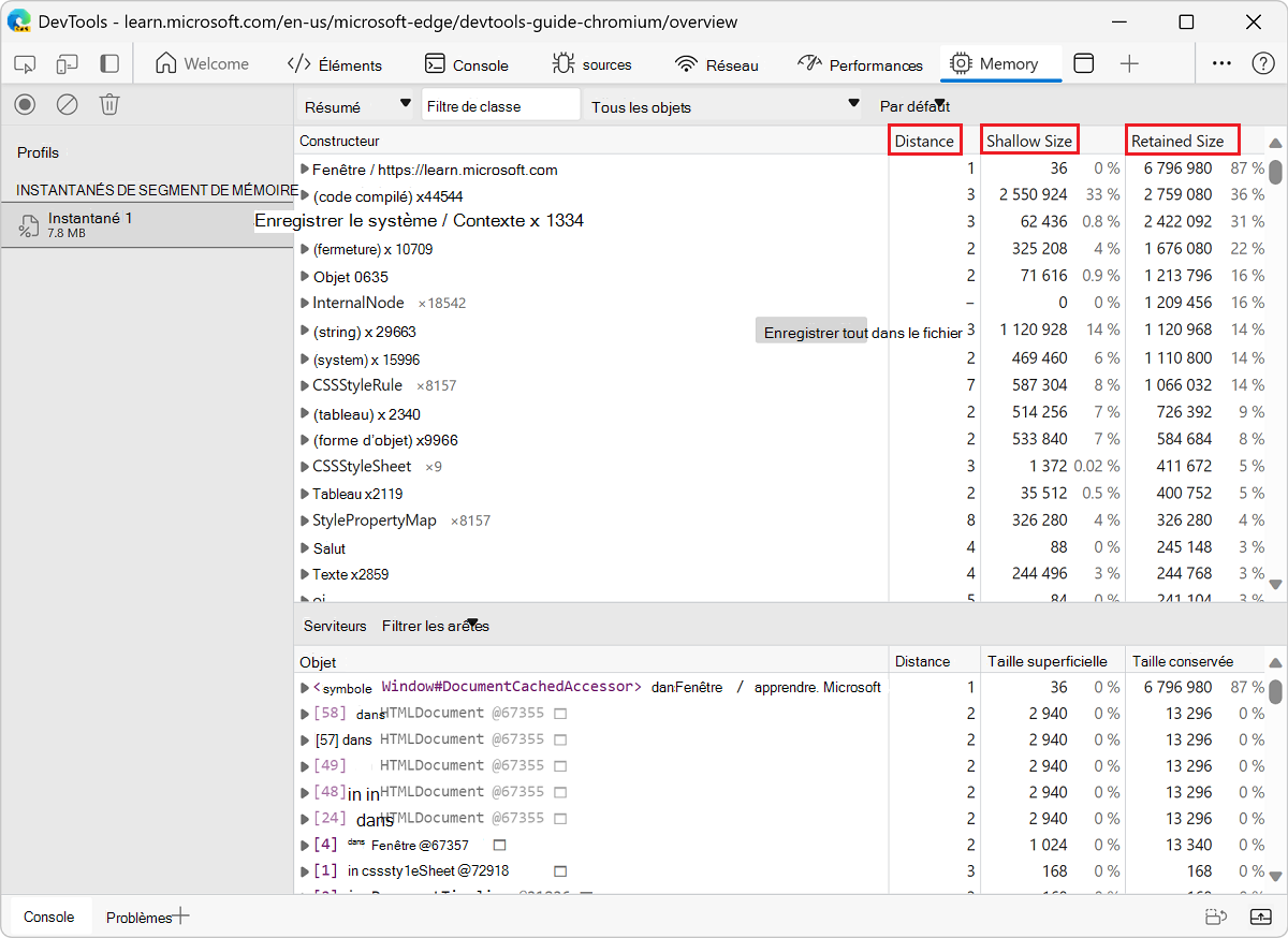 Colonnes Distance, Taille superficielle et Taille conservée dans l’outil Mémoire