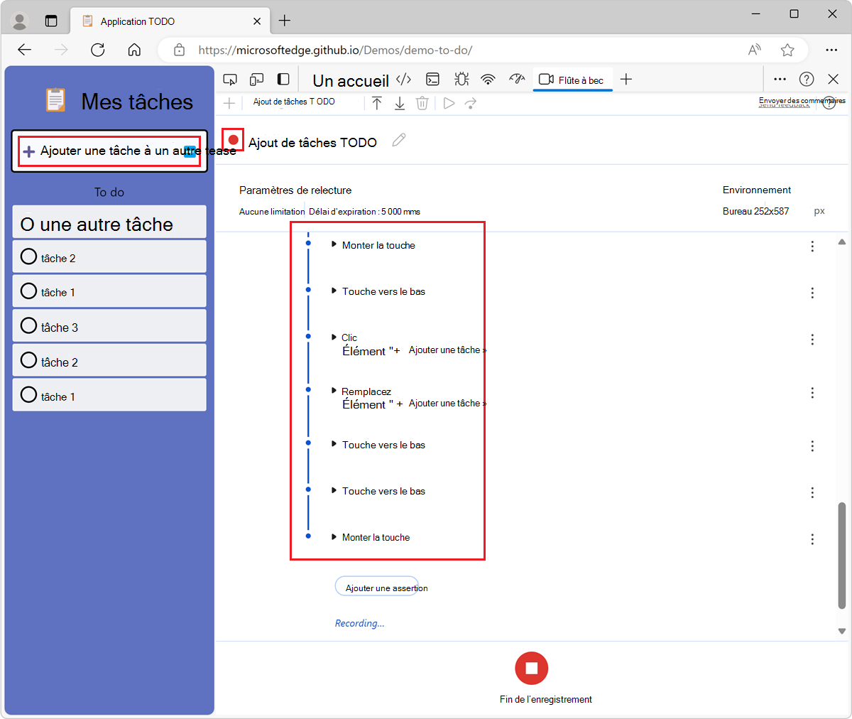 Interactions utilisateur enregistrées affichées sous forme de liste dans l’outil Enregistreur