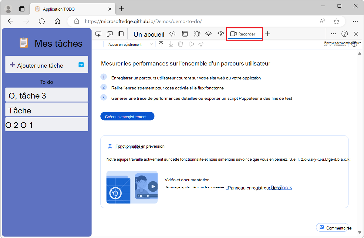 L’application TODO de démonstration et l’outil Enregistreur dans DevTools, à côté de celle-ci