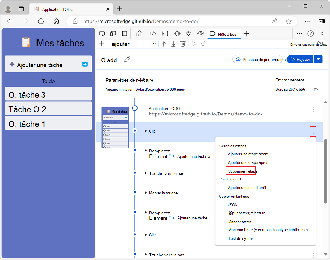 Le bouton « Ouvrir les actions d’étape » et le bouton « Supprimer l’étape »