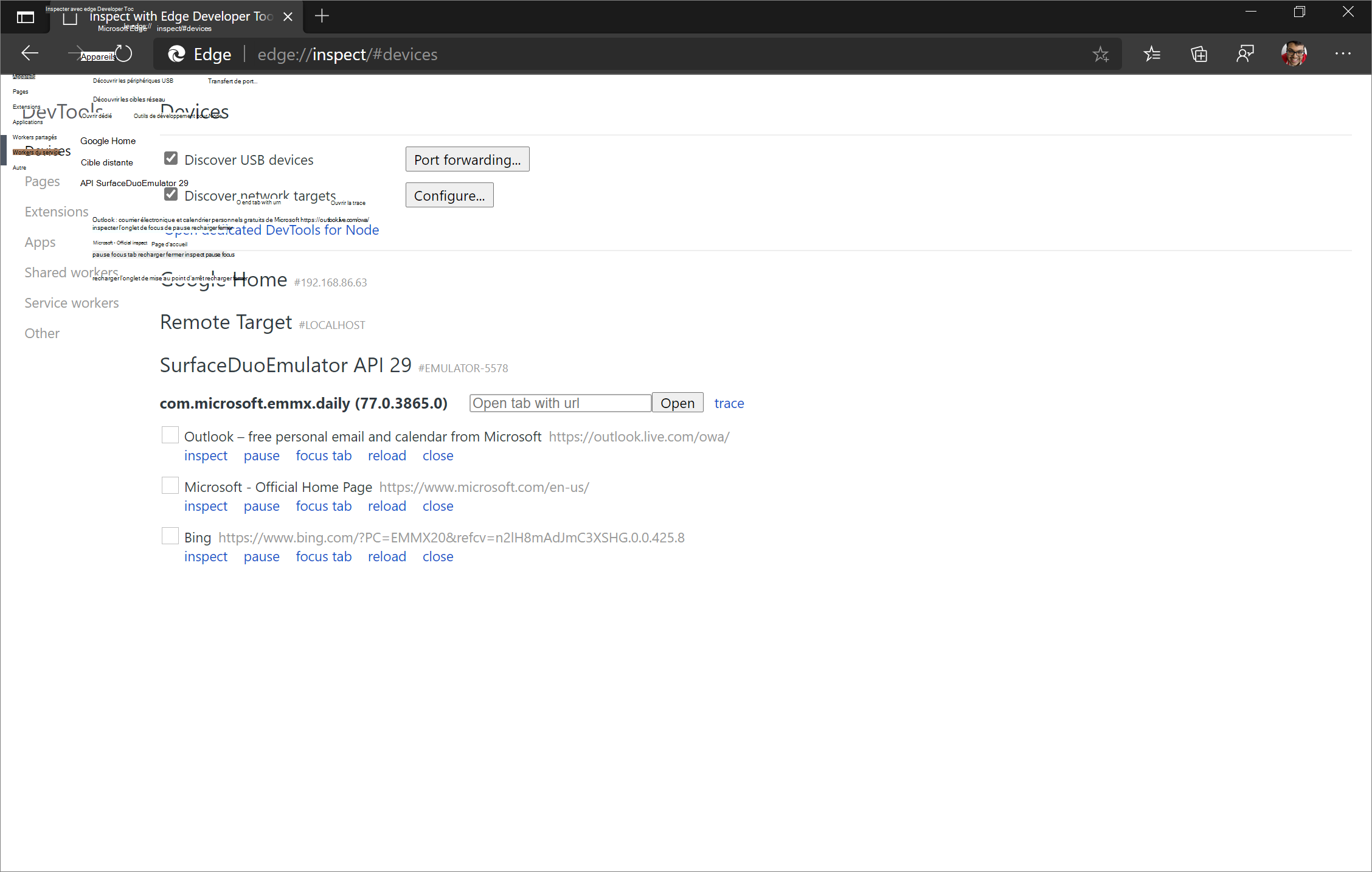 La page edge://inspect affiche la liste des onglets ouverts dans l’application Microsoft Edge en cours d’exécution sur l’émulateur