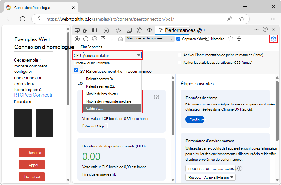 Menu déroulant de limitation du processeur avant l’étalonnage
