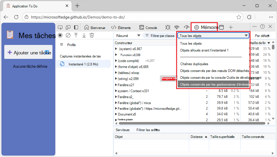 Filtre des objets conservés par les gestionnaires d’événements