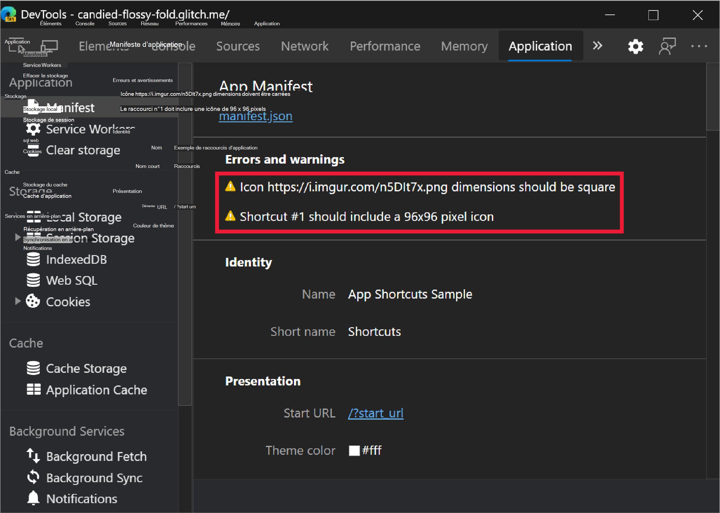 Avertissements de raccourci d’application