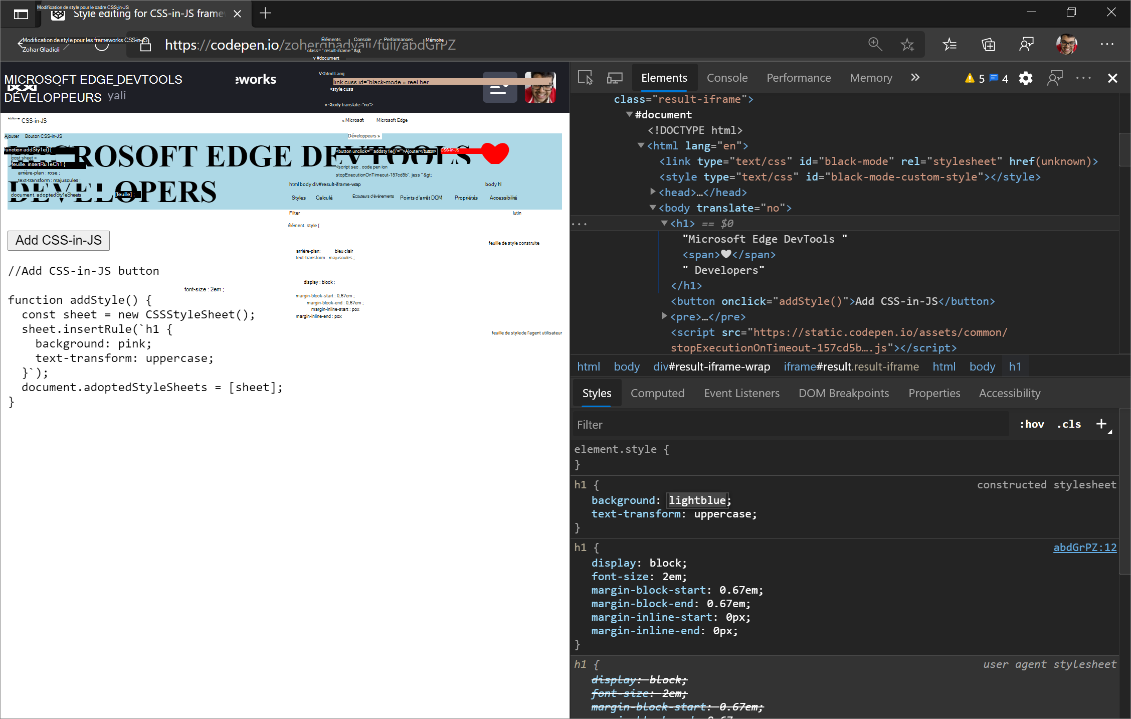 Modification de la propriété d’arrière-plan des styles h1 ajoutés avec CSSStyleSheet de rose à lightblue