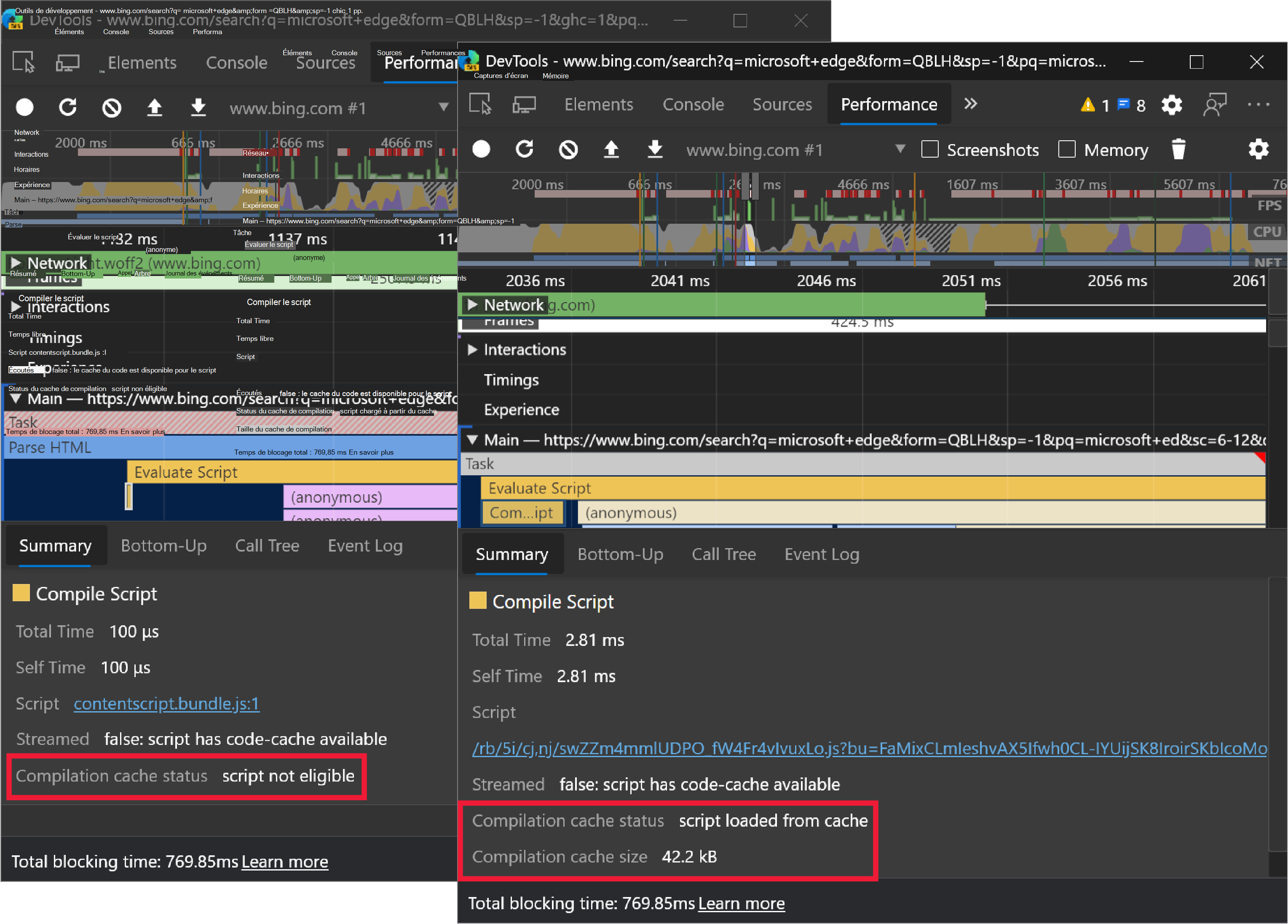 Informations sur le cache de compilation JavaScript