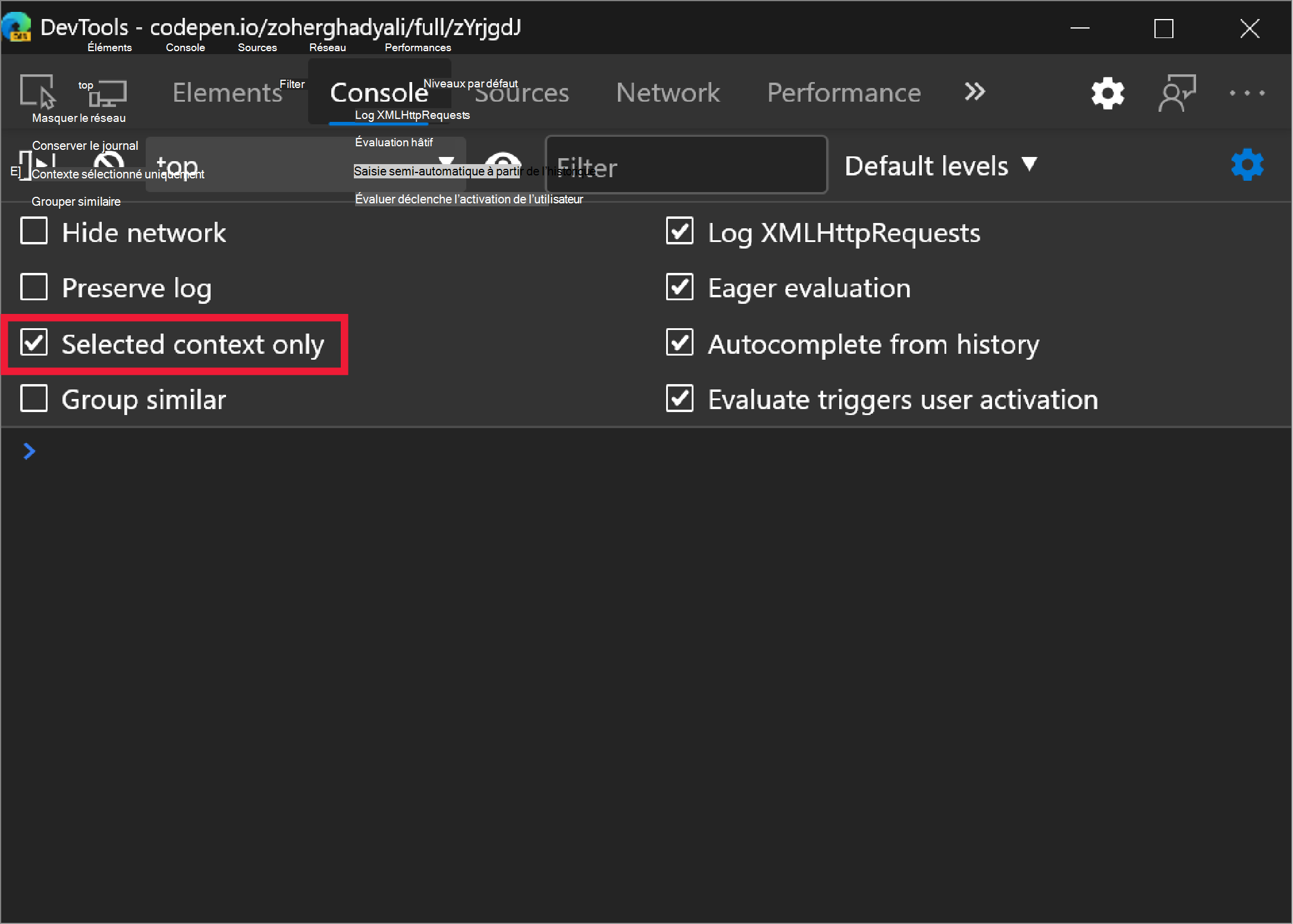 Paramètre de contexte sélectionné uniquement