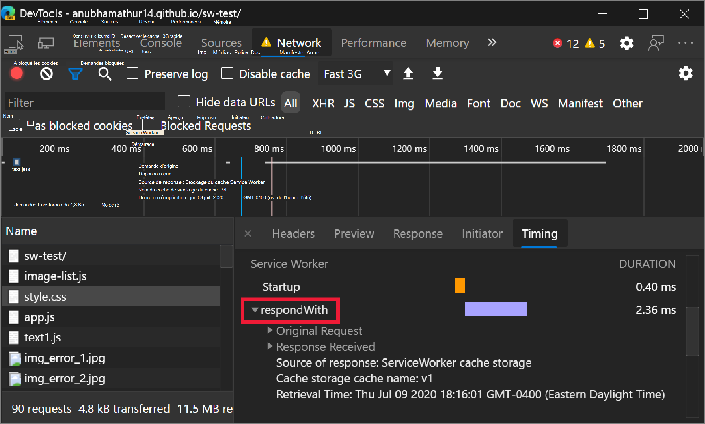 Événement respondWith service Worker sous l’onglet Minutage du panneau Réseau