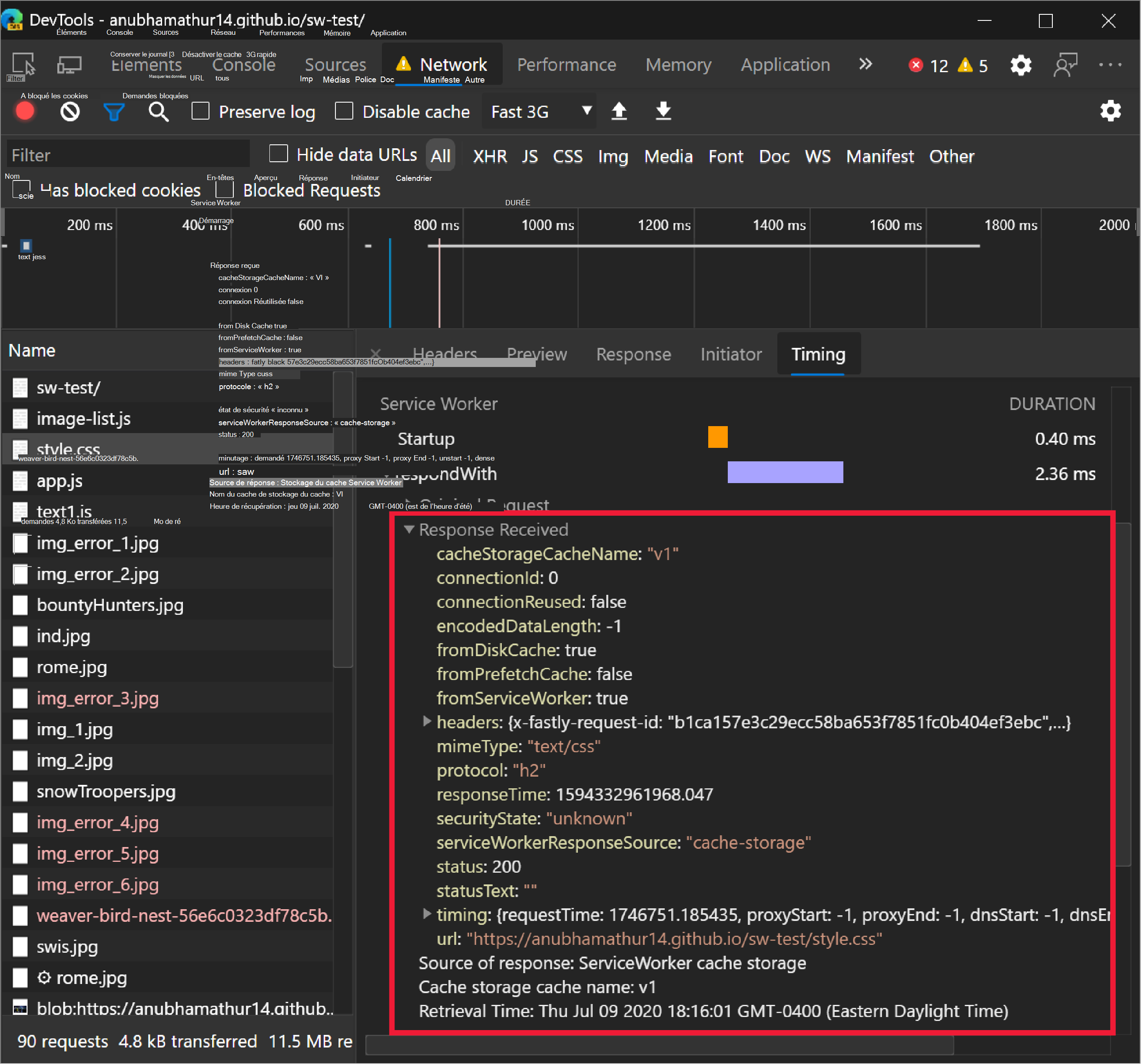 Développez Réponse reçue pour afficher des informations supplémentaires à partir de la réponse d’extraction