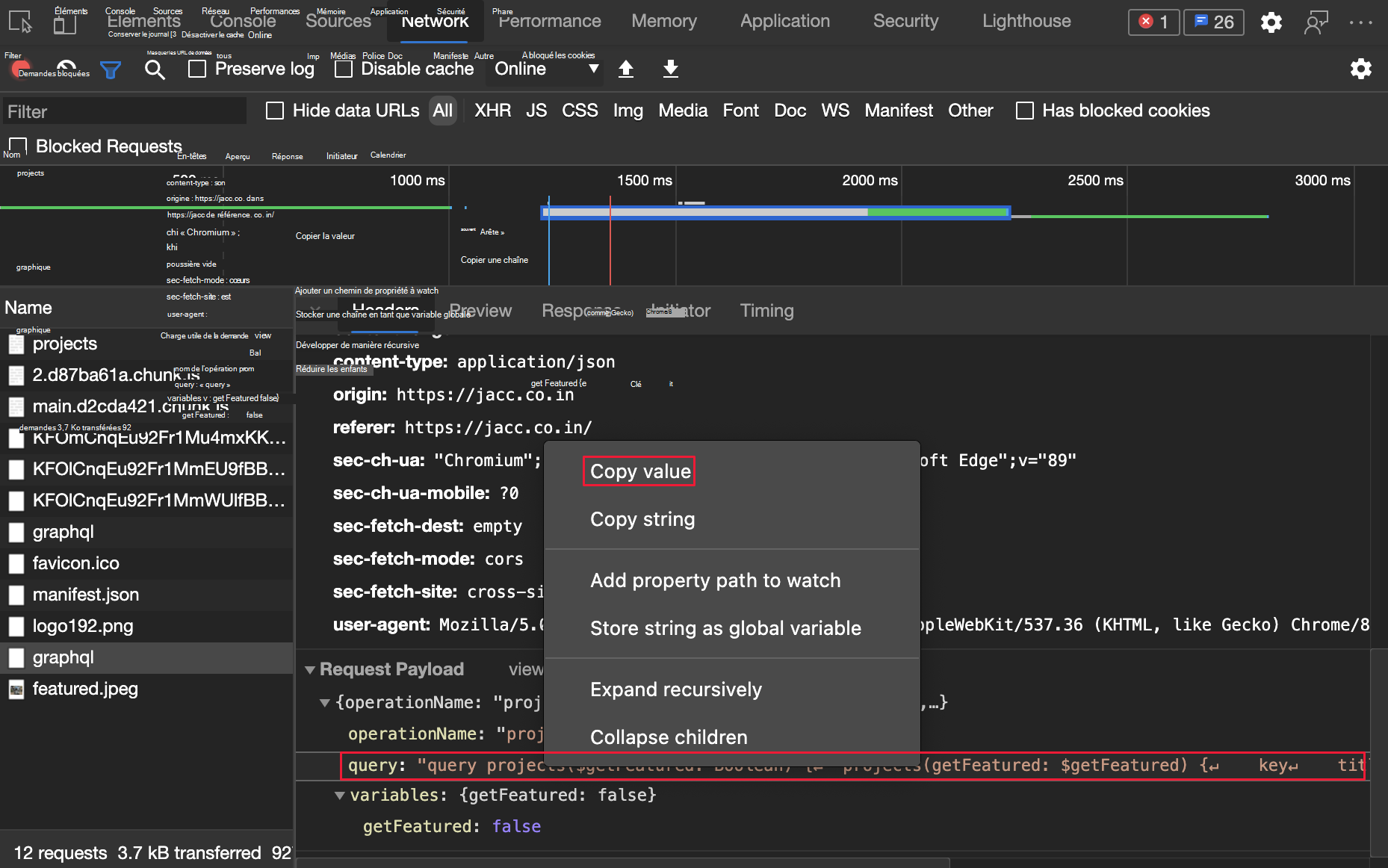 Copie d’une valeur de propriété dans DevTools