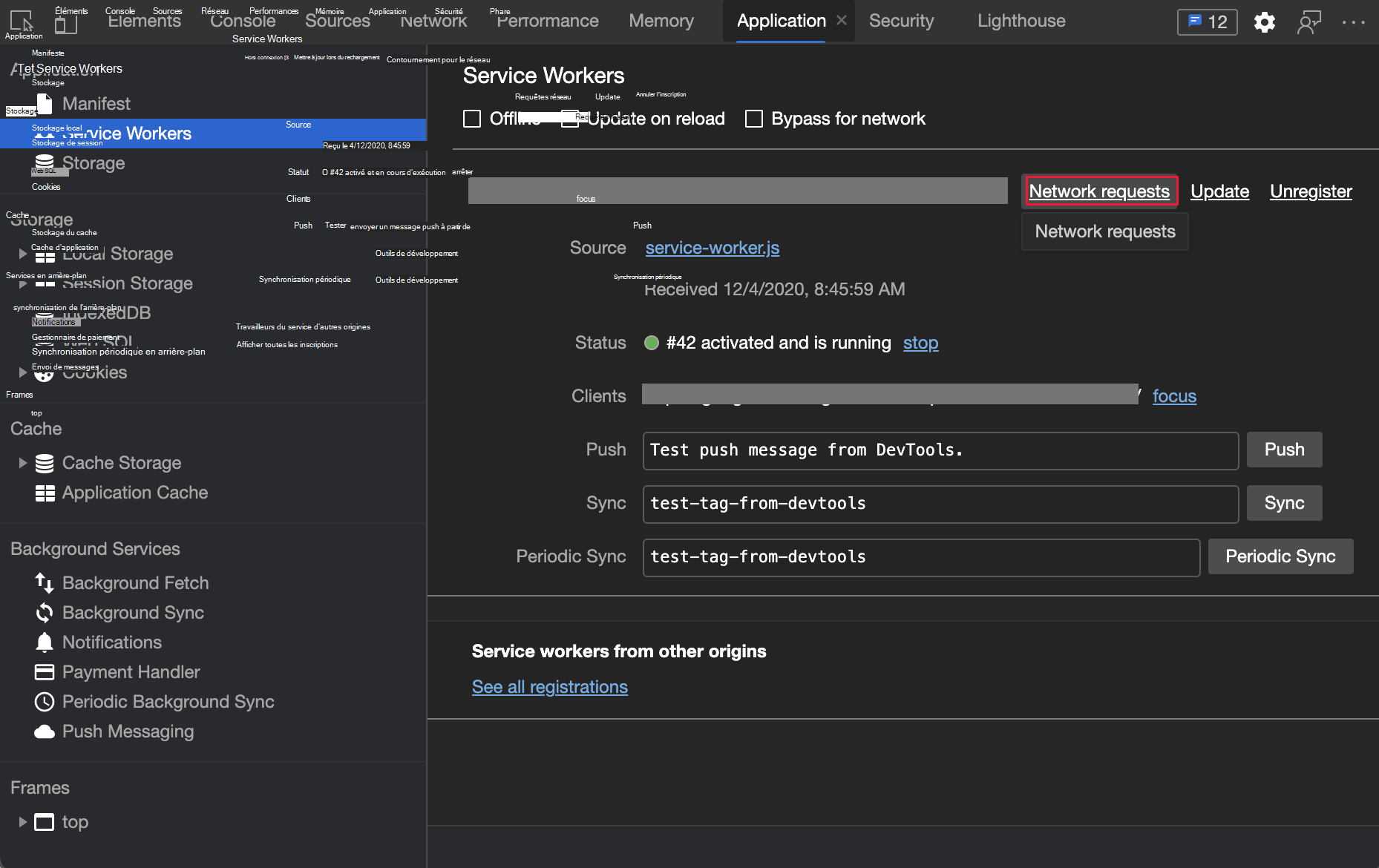 Ouverture de l’outil Réseau à partir du volet Service Workers