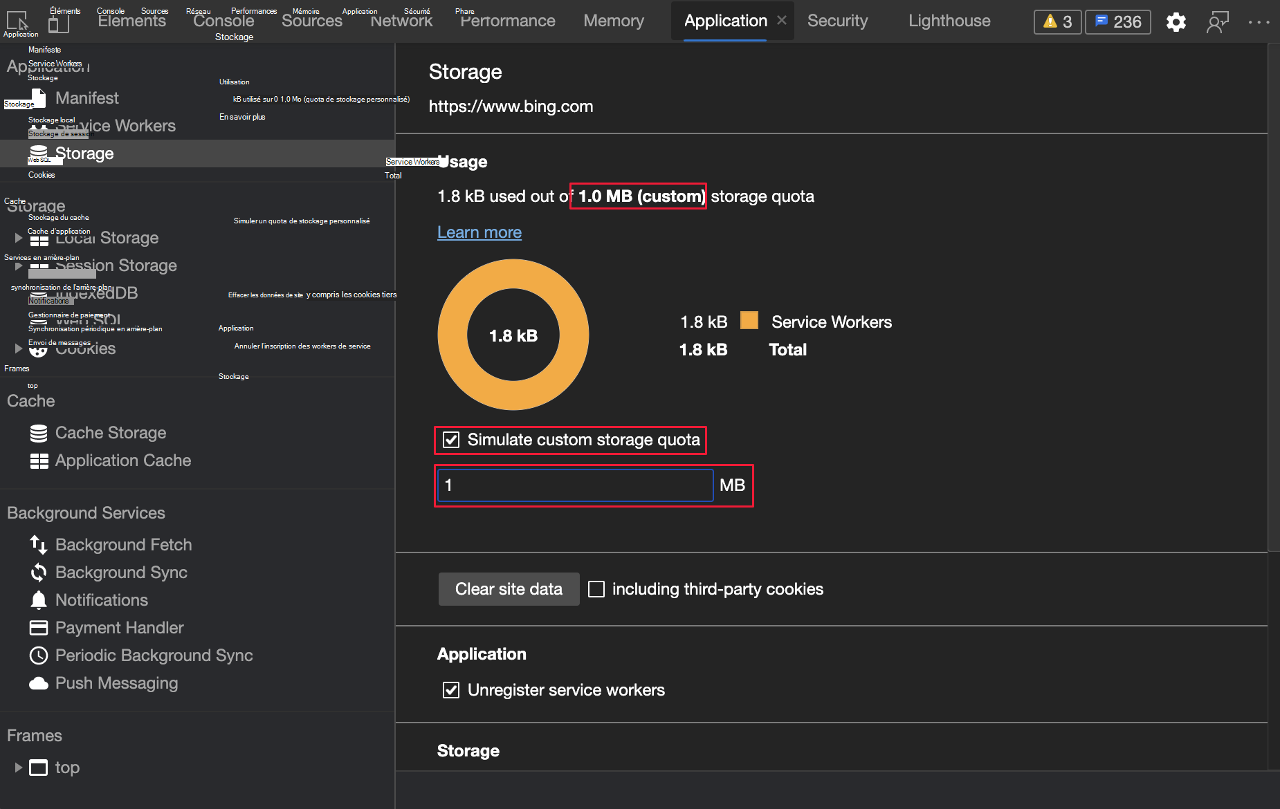 Simuler la taille du quota de stockage